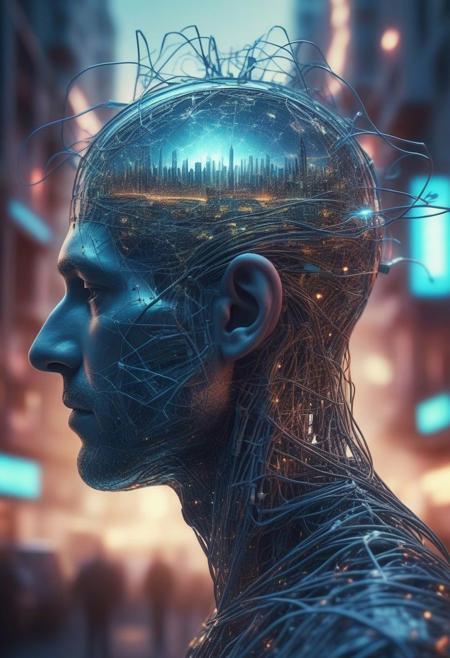 a man's head with many neurons with current in the form of wires connected to the city of the future. matrix style. .hd. 8 k. hyperrealistic. space. abandoned city. Highly detailed illustration of a hidden world inside planet earth, atmosphere, futuristic city and spaceship in the background, holographic shimmer, whimsical lighting, futuristic ambiance, soft textures, imaginative artwork, ethereal glow, silent Luminescence, whispering Silent, iridescent Encounter, vibrant background, rule of thirds, high quality, high detail, high resolution, bokeh, backlight, long exposure