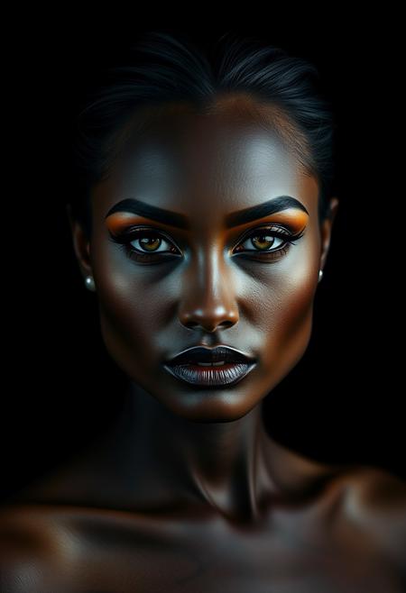 (Ebony  Women), symmetrical african female portrait, beautiful makeup, full tattooed, black background, side soft light, highly detailed, melancholic, masterpiece Photography in the style of Oleg Dou, soft light hyper clean photography, (((Oleg Dou photography style)))