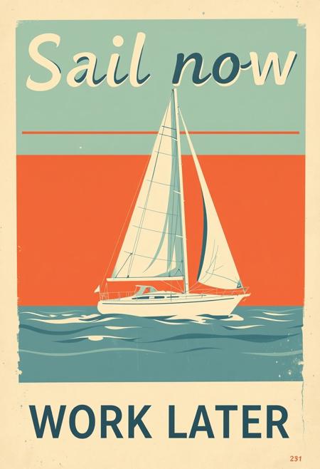 graphical art, sailboat, poster design, text "Sail now work later", vintage retro style, scandinavian
