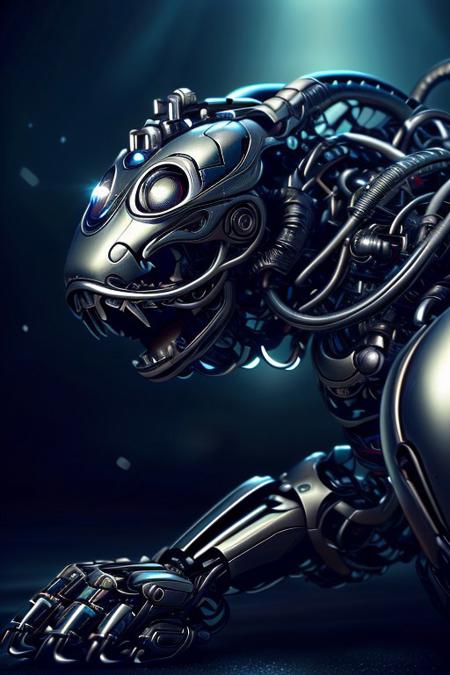 cinematic film still silverpulse, cyborg snake, simple background, high quality, artistic, vibrant colors, detailed textures. futuristic sleek/glossy silver and blue glow, vibrant colors, detailed textures., Concept art, cyborg, background, vintage, modern, SilverPulse, <lora:SilverPulseMorphXL:0.8>, excellent composition, artistic, highly detail, holy, sunny, dynamic dramatic beautiful full taking . shallow depth of field, vignette, highly detailed, high budget, bokeh, cinemascope, moody, epic, gorgeous, film grain, grainy, front view,
