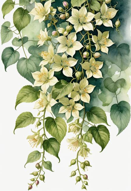 Botanical watercolor illustration of climbing flowering vine with detailed blossoms at different stages of bloom throughout height. Scientific accuracy in plant structure, transparent washes showing delicate petal translucency. Warm natural lighting, traditional botanical illustration technique with contemporary artistic interpretation.