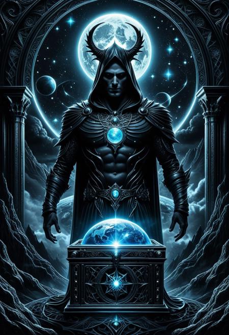 dark surrealism, intricate linework, gothic horror, high-contrast compositions, eerie atmospheres, bold shadows, supernatural elements, celestial figure, ornate chest, cosmic background, glowing Earth, mythological storytelling, expressive detailing, cinematic depth, noir aesthetics, psychological tension, fantastical realism, hauntingly beautiful imagery, divine symbolism, surreal space fantasy