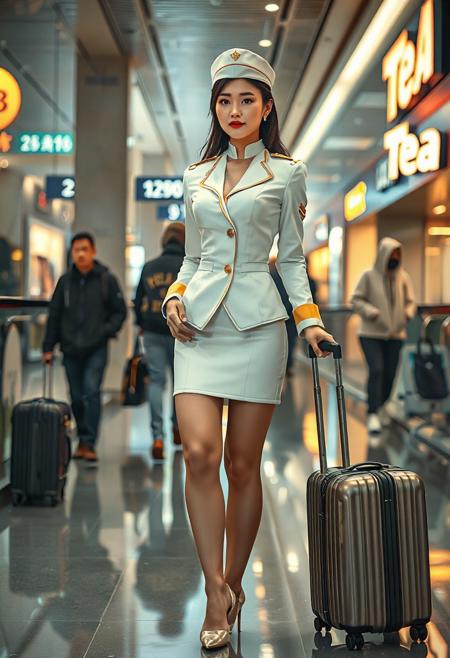 DSLR-style, glamorous and elegant 26-year-old Korean woman with flawless pale skin and natural glow. Subtle facial features, parted lips, soft expression. Masterpiece, ultra high-res.  
<lora:NOOB_vp1_detailer_by_volnovik_v1:1>  
realistic skin texture with visible pores under soft lighting, porcelain-like translucency, full body composition.
She is wearing a form-fitting white uniform reminiscent of a high-class airline crew, featuring gold-trimmed cuffs and a tailored short skirt that highlights long legs. A matching peaked cap rests neatly on her styled hair. Her blouse is sharply cut with a deep neckline, subtly suggesting curves underneath.  
The setting is a sleek, modern airport terminal or luxury shopping mall. Reflections bounce off the translucent flooring beneath her feet, revealing faint outlines of the level below. A premium-looking rolling suitcase stands beside her, reinforcing the impression of poised mobility.  
In the background, casually dressed passersby move through the brightly lit space — one in a dark jacket and jeans, another in a cream-colored hoodie and pants. Illuminated signage with numbers and the glowing brand logo of a tea shop add urban context.  
Capture the visual tension between stillness and motion, elegance and suggestion. Focus on textile texture, fabric tension, floor reflection, and ambient light realism.