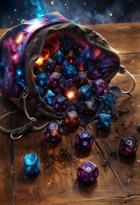 CosmicStyle, Close-up shot of a dice-bag laying on its side spilled on a worn wooden table, galaxy and cosmic dice filled with nebulas, standard D&D Dice, 6-sided Dice, star dust spilling out of bag, enchanted, forlorn magical universe dice, magic bag of tricks, wizards dice, emitting sparks and light, Macro photography, very colorful contents spilling out of bag, dark and warm environment, gaming dungeon, epic, fantasy art, realism, special effects, infinite universe inside bag