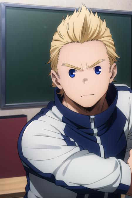 mirio, <lora:mirio-lora-nochekaiser:1>,
mirio, short hair, blonde hair, spiked hair,
BREAK jacket, pants, scar, sleeves rolled up, track jacket, track suit, track pants, scar on arm,
BREAK looking at viewer, upper body,
BREAK indoors, classroom,
BREAK <lyco:GoodHands-beta2:1>, (masterpiece:1.2), best quality, high resolution, unity 8k wallpaper, (illustration:0.8), (beautiful detailed eyes:1.6), extremely detailed face, perfect lighting, extremely detailed CG, (perfect hands, perfect anatomy),