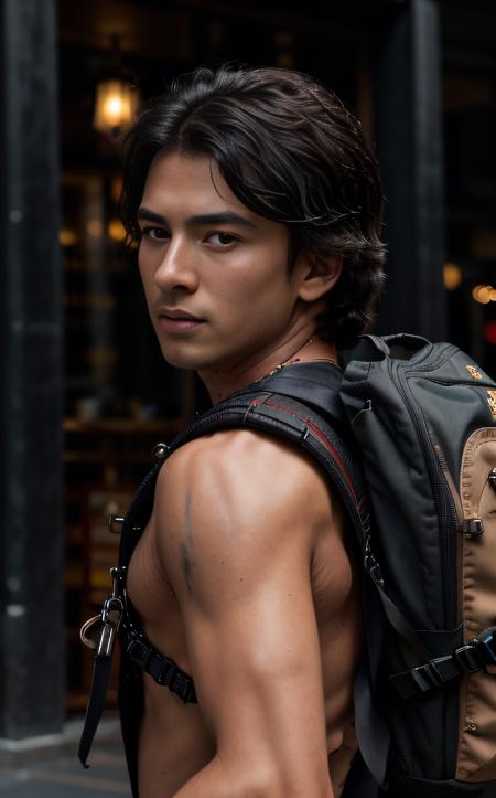 cinematic film still ((best quality)), ((masterpiece:1.2)), (detailed:1.2), Anime-style portrait, young male character, profile view, messy black hair, determined expression, red open-front shirt, gold buttons, X-shaped scar on chest, round yellowish-brown backpack, dramatic red gradient background, bold lines, vivid colors, traditional anime style.
  <lora:epi_noiseoffset2:1> <lora:sarah:0.7> . shallow depth of field, vignette, highly detailed, high budget, bokeh, cinemascope, moody, epic, gorgeous, film grain, grainy