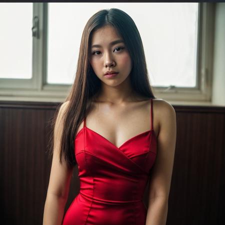 instagram photo,front shot,portrait photo of a 18 y.o girl,chinese,wearing red dress,beautiful face,cinematic shot,dark shot,