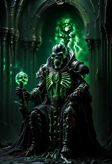 In a ruined techno-cathedral shrouded in eerie twilight, a mesmerizing Lich-Cyberpunk Lich King commands his dark domain. His intricately detailed skeletal body is seamlessly fused with cursed cybernetic enhancements and arcane machinery—glowing cables weave through cracked bone, while mechanical implants pulse with forbidden energy. Seated atop a throne crafted from gnarled bone and twisted steel, he exudes an unsettling regality amid shattered gothic arches and cyber relics. Beneath his feet, crimson holographic sigils rotate in a mesmerizing dance of occult power. Sinister undead cyborg minions, their armor etched with mystic runes and integrated machinery, emerge from dilapidated life-support pods. Toxic green mists swirl from exposed vents, casting a surreal glow that intensifies the dark, glitch-infused atmosphere. Render in ultra-high detail with cinematic, dramatic lighting that highlights every haunting nuance of this cyber-fantasy scene