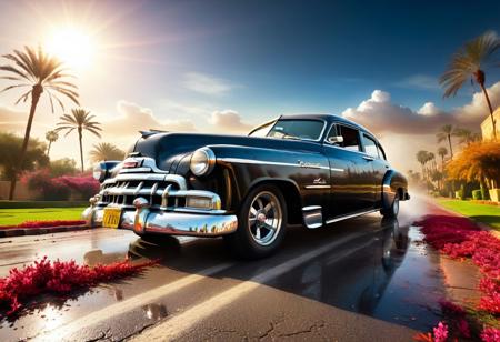 cinematic photo of 1950 Chevrolet 2-Dr Sedan, magnificent three pyramids of Giza appear clearly, charm, highly detailed car, Professional lighting, full of life, Lively and energetic, 8K, rays of sun flow beyond heavy clouds, HDR, Fast & Furious movie, motion blur, moving tires, Cinematic Shot, Cinematic Lighting, amazing world, pure perfection, Need For Speed, wide angle exterior background, wet asphalt road, autumn leaves, grass, flowers, jasmine flowers, palm trees, nebula horizon.