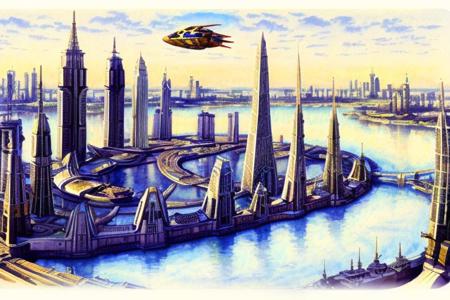 spaceship flying above a futuristic city and river, aerial view, lights <lora:jgurney:0.8> watercolor painting brush strokes