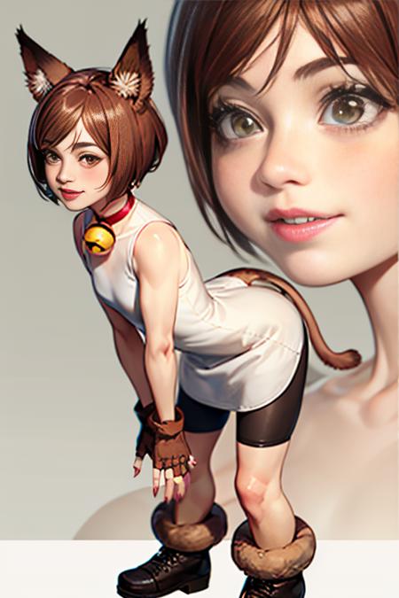 Xiao, cat ears,short hair, brown hair,cat tail, brown eyes,animal hands ,Xattire ,white dress, bike shorts, neck bell,brown footwear,sleeveless,fingerless gloves, standing
(insanely detailed, beautiful detailed face, masterpiece, best quality) <lora:Xiao-09:0.7>