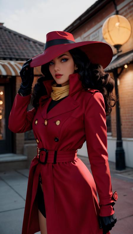 straight-on, upper body, solo, BREAK
CARTOON_carmen_sandiego_ownwaifu, www.ownwaifu.com, carmen_sandiego,
long hair, black hair, lipstick, makeup, red lips, breasts, lips, blue eyes, mature female, curly hair, dark skin,  long legs, narrow waist, curvy, 
trench coat, witch hat, belt, red headwear, black gloves, red coat, long coat, scarf, yellow scarf, buttons, big hair, 
<lora:CARTOON_carmen_sandiego_ownwaifu-15:0.95> ,, official art,extremely detailed CG unity 8k wallpaper, perfect lighting,Colorful, Bright_Front_face_Lighting,shiny skin, (masterpiece:1.0),(best_quality:1.0), ultra high res,4K,ultra-detailed, photography, 8K, HDR, highres, (absurdres:1.2), Kodak portra 400, film grain, blurry background, (bokeh:1.2), lens flare, (vibrant_color:1.2),professional photograph, (beautiful_face:1.5),