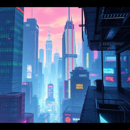 Cyberpunk city, retrowave, building ledge, megalopolis city in the background, tall buildings,