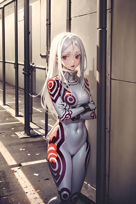 shiro /(deadman_wonderland/), sitting down on the floor, (prison bars:1.1), (inside a prison:1.3), cute, (standing:1.2), (white hair:1.2), (red eyes:1.3), crazy face, crazy eyes, pale skin, 
 <lora:shiro-dw:1>