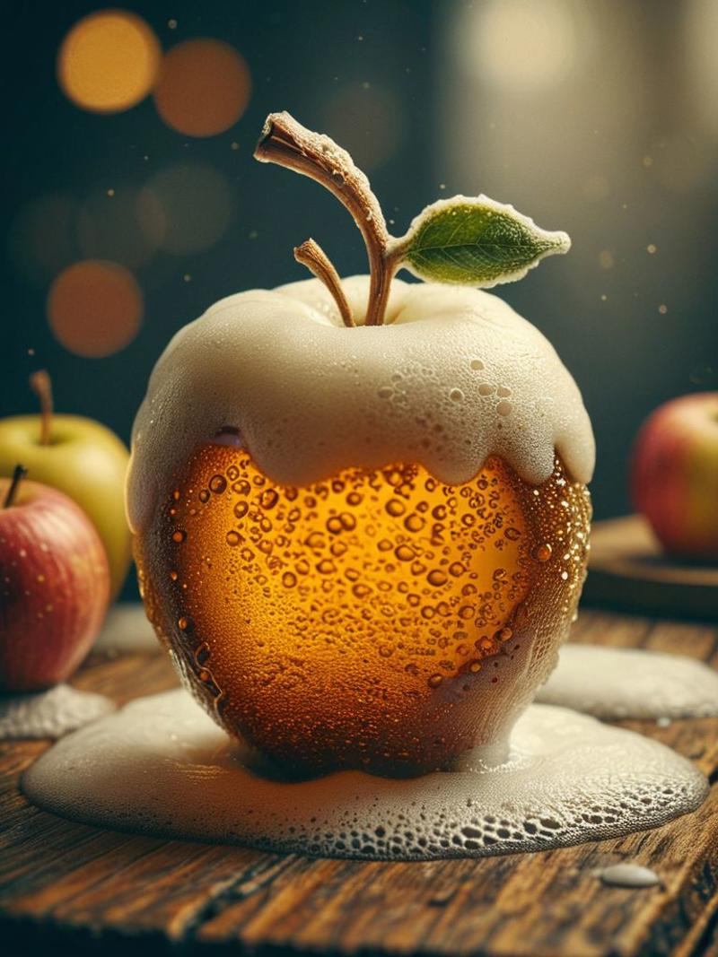 Apple with foam on top and a leaf on it.