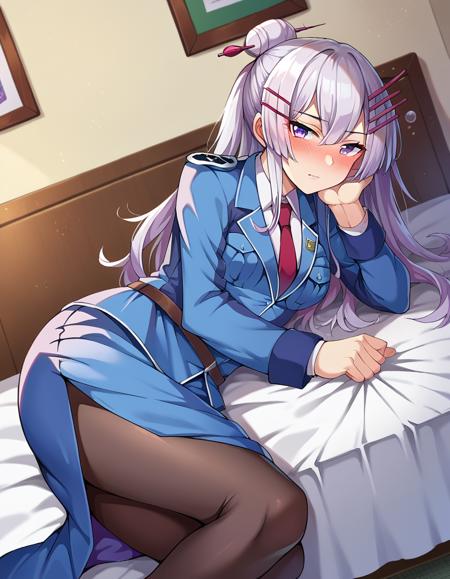 frolaytia capistrano, long hair, bangs, hair ornament, purple eyes, white hair, hair bun, single hair bun, shirt, jacket, white shirt, pantyhose, necktie, collared shirt, belt, uniform, blue skirt, black pantyhose, military, formal, blue jacket, red necktie, pencil skirt, pocket, hair stick,