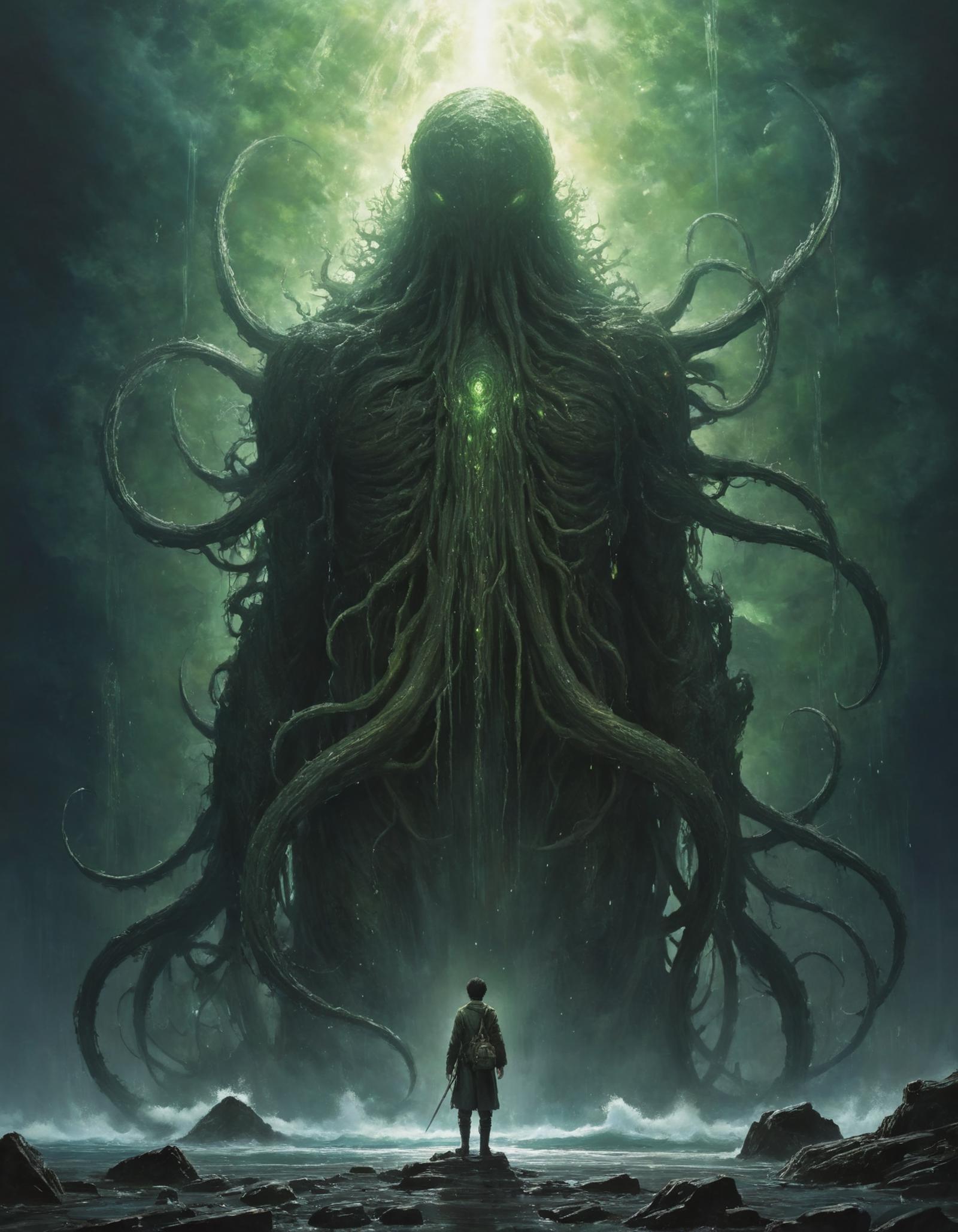 A person standing in front of a massive, glowing monster with many tentacles and a green background.