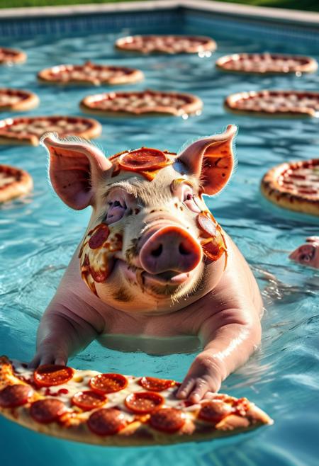 A pig is swimming in a pool full of pizza, he looks happy, grumpy pig, peggy, realistic, RAW photo, 8k, uhd, dslr, high quality, realistic photograph, depth of field, pizzasdx