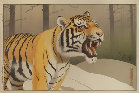 A enraged tiger in the woods, roaring with mouth wide open, ready to attack, woodblock print, shin hanga style