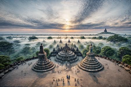 a man in front of gigantic candi buddha building on mountain, statue of buddha, reflective floor,  epic, fog, dawn, dramatic lighting, dim light, forest, cliff,  <lora:ARWCandiBuddha:1>  advntr,   <lora:epi_noiseoffset2:0.6>  <lora:add_detail:0.4>