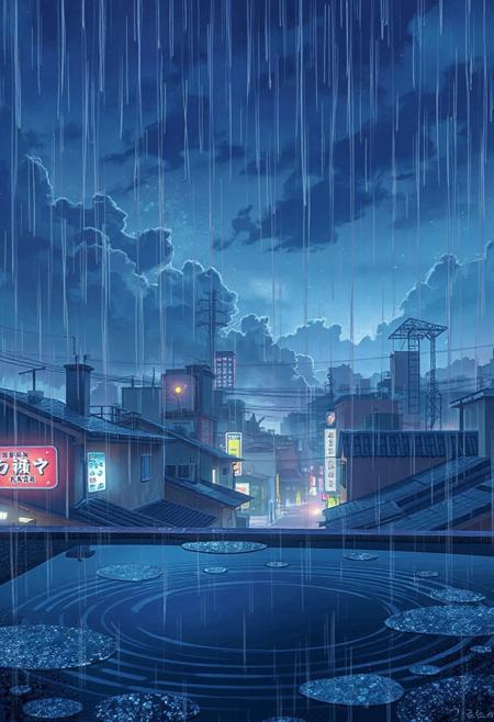 Vertical cinematic anime view, rooftops of a quiet Tokyo district during a light animated rain, puddle ripples shimmering with soft reflections of neon signs, clouds drifting dramatically above, occasional light flicker from behind thick formations, umbrella sways slightly from the breeze, soft blue and violet tones dominate, hyper-detailed.