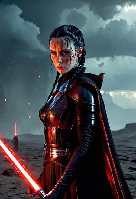 A beautiful Dark Sith lord with braided black hair stands defiantly amidst a raging storm on a desolate battlefield. Her Sith robe are intricately detailed and reflect the flickering light of distant fires, Star Wars style, The light of battle illuminates her determined expression as she prepares to face the dark enemy, (holding the Red Lightsaber in his hand: 1.5), Close up. Star Wars art style, Standing on a battlefield at the head of an army of Dark Siths, where a bloody slaughter is taking place, (standing in battle pose: 1.3), cinematic lightning, intricately detailed black and red Sith robe, The scene is reminiscent of a Greg Rutkowski concept art piece, realistic pale freckled face covered in blood, with dramatic lighting and a dark, curvy, looking at viewer, gritty atmosphere, Ultra-detailed, Raytracing reflections, High contrast, beautiful Dark Sith lord, beautiful firm body, girl athletic figure, (the pale face is very similar to Wednesday: 1.6), oranges, and greens, attractive 21 years old woman, cinematic lightning, Cinematic film still, Medium shot. Best quality, Masterpiece, The scene is reminiscent of a Greg Rutkowski concept art piece, realistic pale freckled face covered in blood, with dramatic lighting and a dark, gritty atmosphere, asymmetrical balance