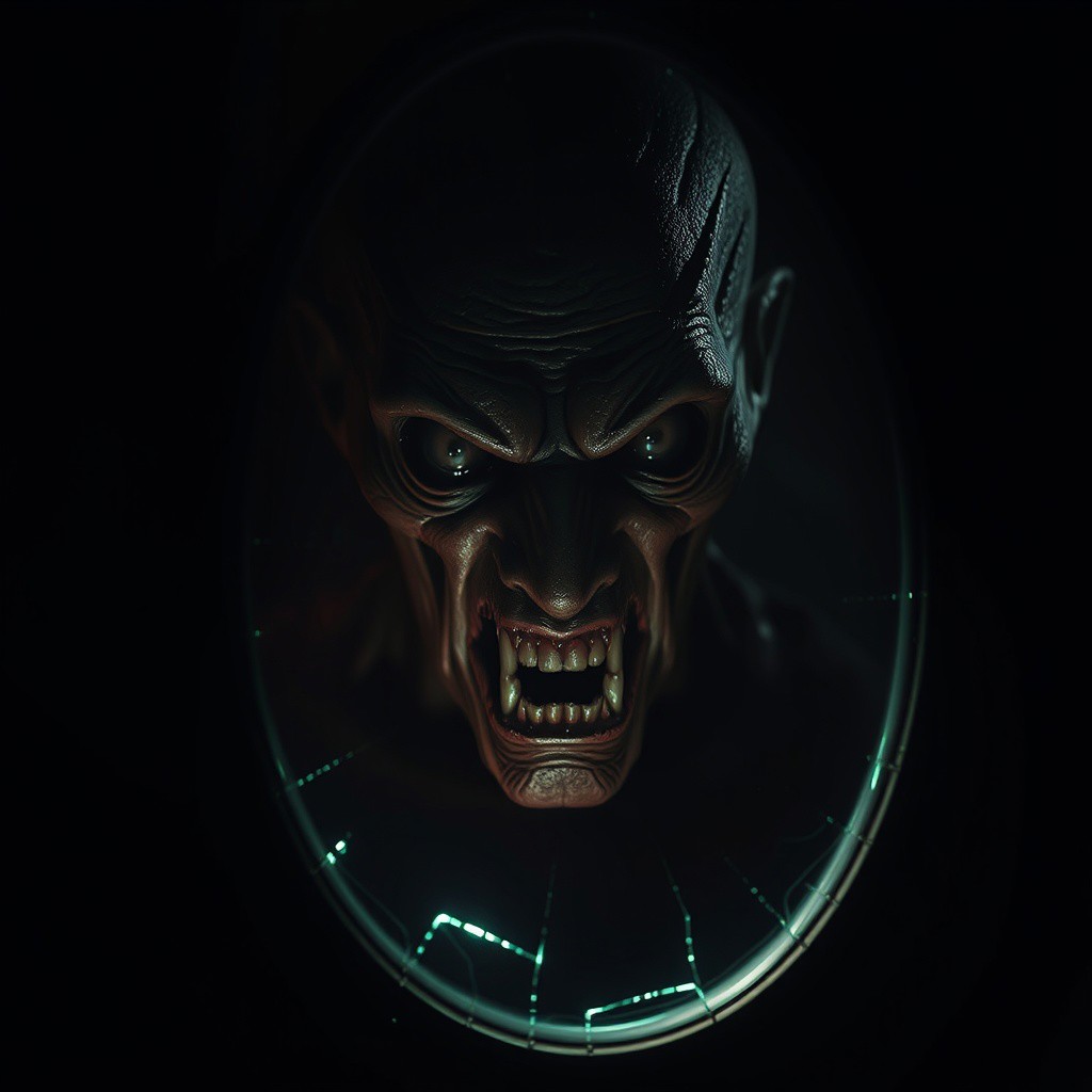 Sorce_8_up, Sorce_7_up, ultra_res, high_res, cinematic lighting, harsh lighting, ominous shadows, detailed, reflective surface details, photorealistic rendering, high contrast, dark ambiance, atmospheric, fear-inducing lighting, shadow-heavy, realistic skin texture, lifelike reflections, shadow play, disturbing features, intense expression, high-focus lighting
A dark, cracked mirror surrounded by deep unnatural shadows, reflecting the horrifying visage of the creature. The flickering light from an unknown source casts sharp reflections, revealing the creature's twisted features. The cracked surface glows with a faint sickly green, which casts an eerie, gloomy light onto its face, highlighting every horrifying detail. The flickering creates a sense of distortion, making the reflections shift every time you blink.