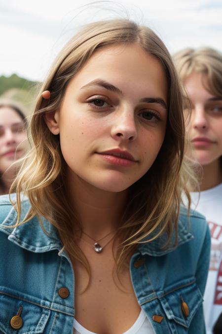 raw photo of an adorable woman, messy (blonde) hair, at a reckless house party, perfect face, [[adorable]], thinking to herself, happy to notice you, chilling, close up, (people in the background), 8k uhd, fujifilm xt3