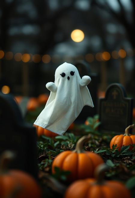 35mm photograph, film, bokeh, professional, in the graveyard sits one adorable cute plushie ghost, floating above ground, in moonlight, pumpkins, hyperrealistic, super realistic, sharp focus, 32k, (((masterpiece))) (((ultimate quality))), exquisite beauty, highiest texture resolution, photorealistic, fantasy setting, epic composition, ral-smlvltnpls, close to viewer,