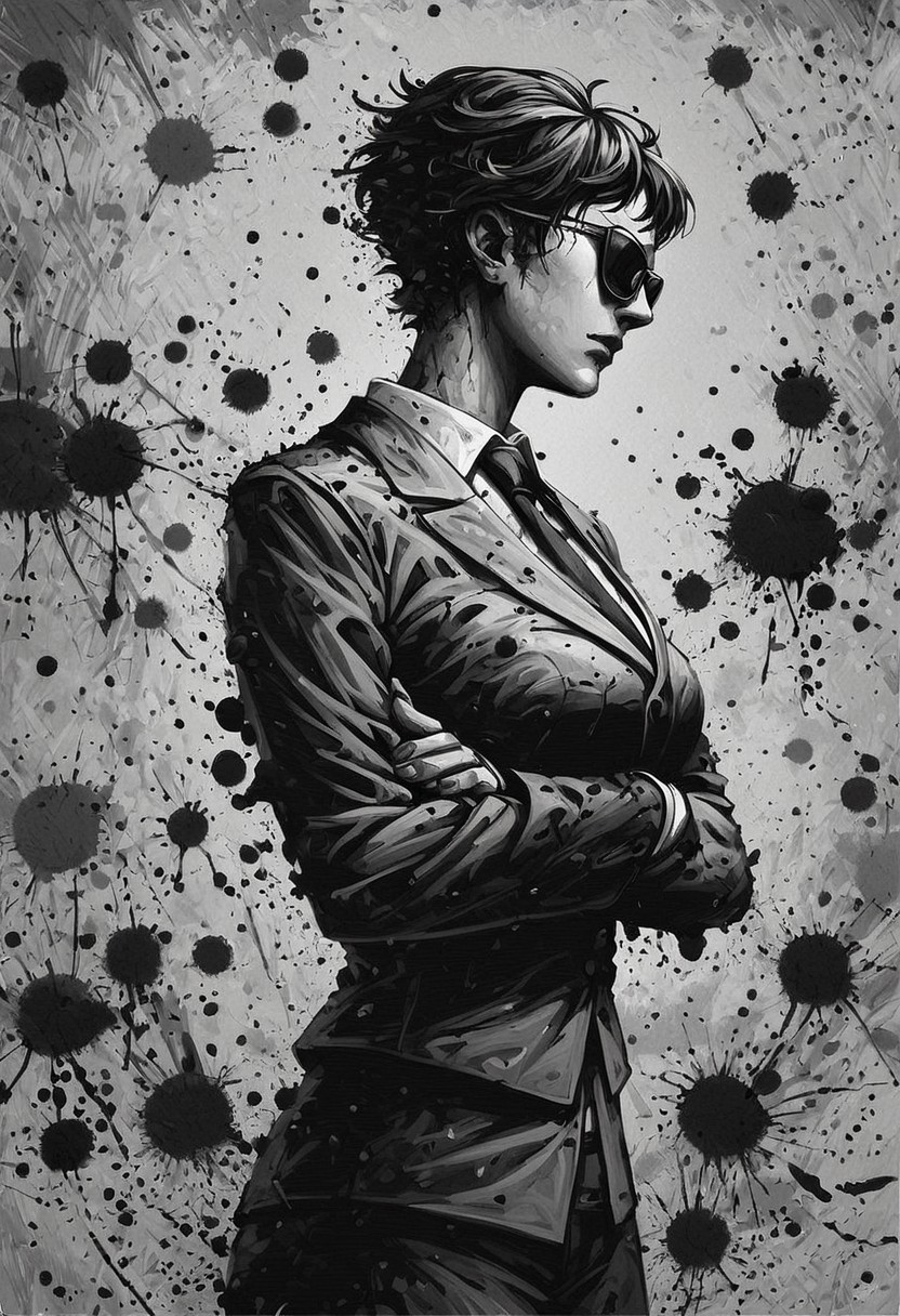 score_9, score_8_up, score_7_up, score_6_up, ink splats, monochrome, 1girl, business suit, black tie, sunglasses, very short hair, abstract background,crossed arms