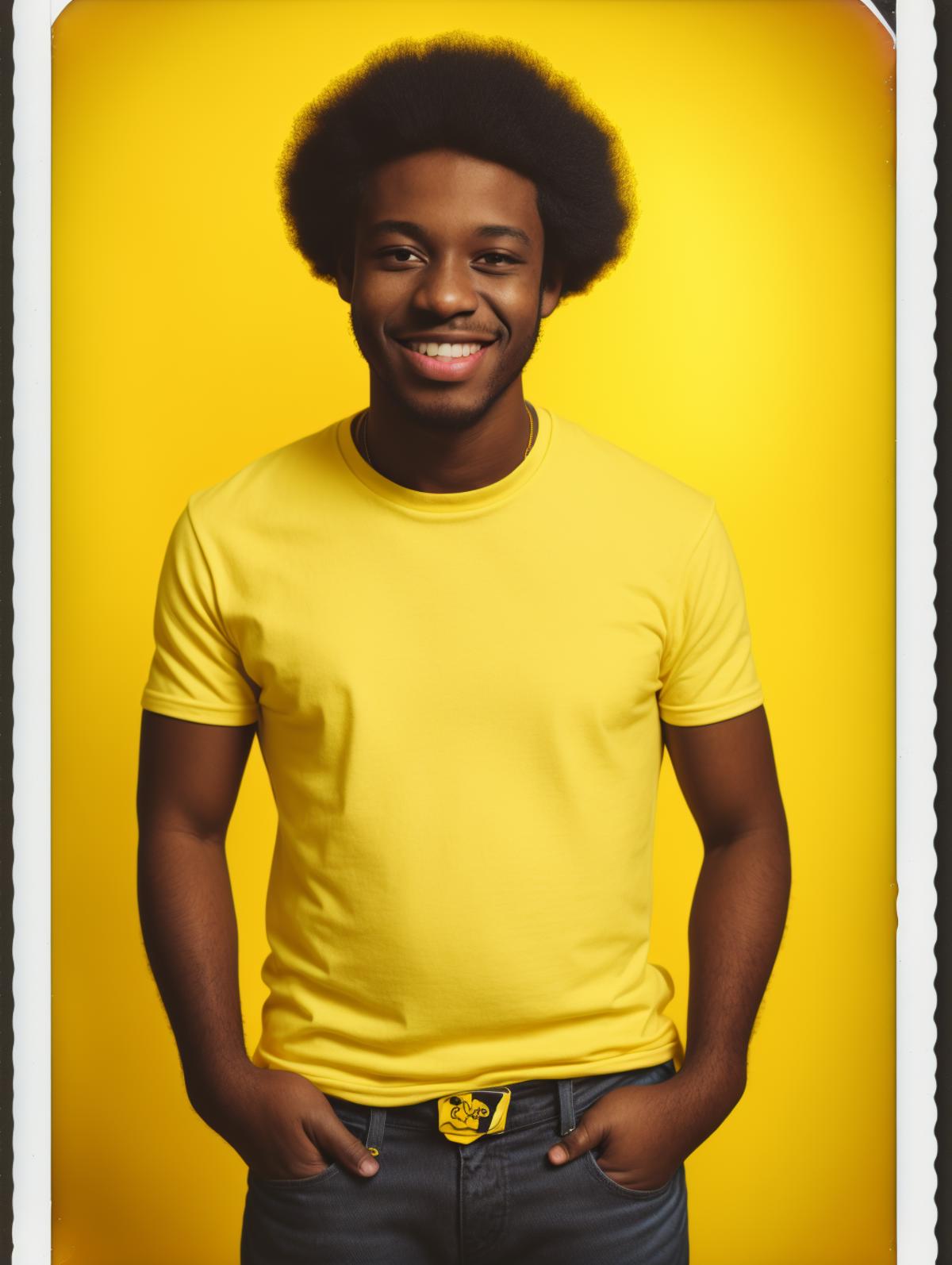 Black man with afro, wearing a yellow shirt, jeans, smiling, portrait, yellow background, polaroid filter