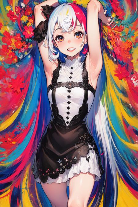 1girl, arms_up, white_hair, multicolored hair, long hair, very long hair, multicolored eyes, (multicolored_background:1.8), solo, smile, looking at viewer, cherry blossoms, grin, hair between eyes, dress, dress, dress_shirt, white_dress, multicolored_dress, bangs, upper body, album cover, <lora:style_MikaPikazo:1>