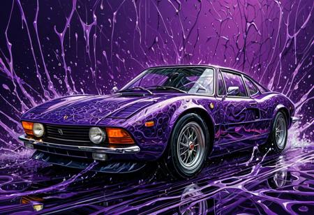 Finely detailed vector illustration, classical sports car, spider, symbiosis, ultra realistic quality, interwoven pattern, violet background, hyperdetailed, intricately detailed,  triadic colors,fantastical,intricate detail,splash screen,complementary colors, fantasy concept art, 8k resolution, masterpiece, oil painting, thick strokes, rich strokes, running drops,