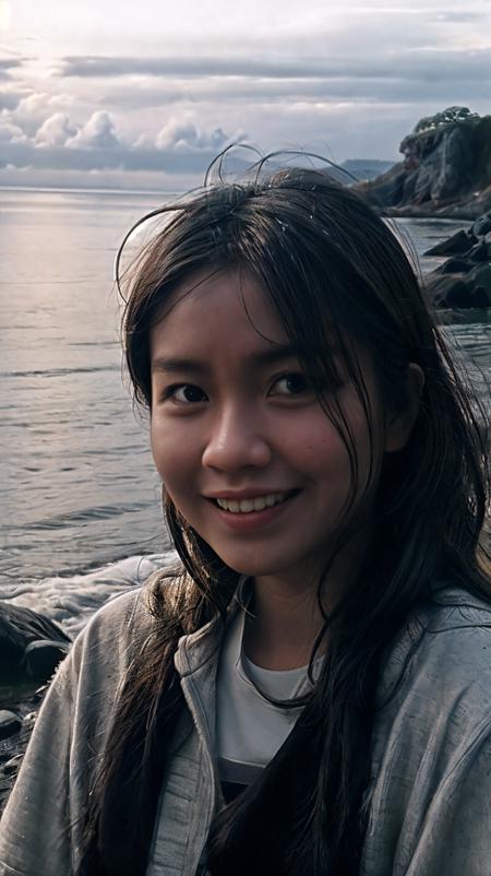 close-up portrait photograph of (sks ontel:1) looking at the sky taken with Canon EOS 5D Mark IV camera, <lora:lora_sks_ontel_v3:0.8>, walking on a rocky beach, front to viewer, in golden hour, dusk, flat lighting, (soft saturation:1.2), smile, <lora:add_sharpness:0.4>, <lora:photoblend:0.65>, <lora:epi_noiseoffset2:0.6>, <lora:add_detail:0.6>, bokeh