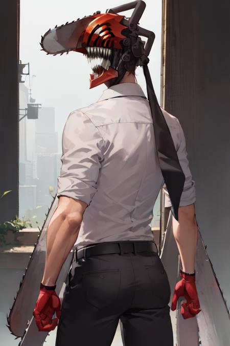 (masterpiece, best quality:1.2), <lora:csm_denji-10:1>, from behind, solo, male focus, 1boy, chainsaw man, chainsaw, sharp teeth, open mouth, looking back, white collared shirt, black necktie, sleeves rolled up, black pants