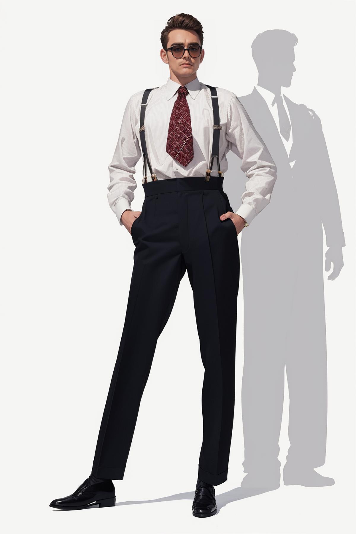 Man wearing a white shirt, tie, and suspenders.