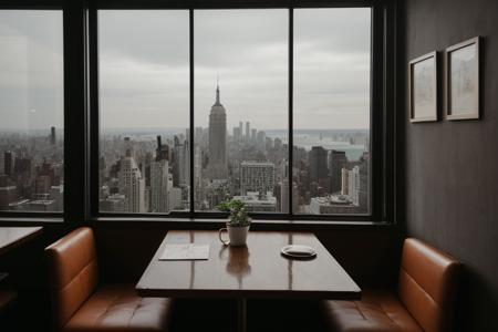 raw photo of a  classic New York café, capturing a poignant moment of introspection. A middle-aged character, an archetype of intellectual curiosity, is seated alone at a small table in a dimly lit corner, dressed in a tweed jacket and glasses, with an expression of wistful introspection and a subtle smile. The table holds a well-worn novel, a notepad with scribbled musings, and an untouched cup of coffee. Ambient sounds of soft conversations and distant jazz set a reflective mood. The walls are adorned with black-and-white photos of old New York, and the window reveals a blur of city lights and shadows, symbolizing isolation amidst the urban expanse. This scene invites viewers into a moment of quiet reflection, resonating with the quest for meaning and personal truth in life's complex tapestry
