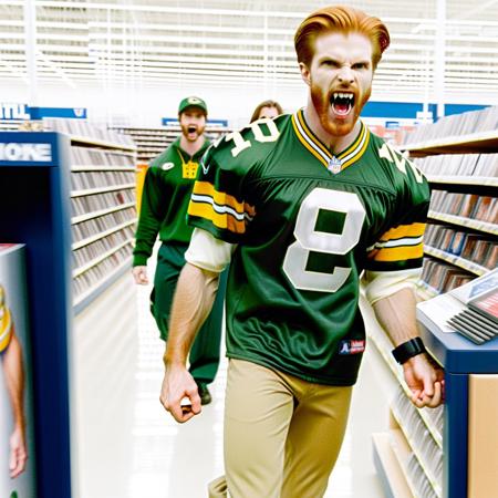 Vampyfangs1. a film still photo. 35mm. 4k. From a 2003 movie. A ginger haired beared vampire man wearing a Greenbay Packers Jersey and Khaki pants is showing off his fangs, he is walking around a Best Buy. Looking at a DVD case.
