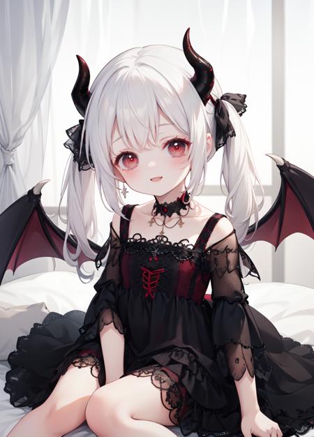 masterpiece,best quality,
(white hair),(red eyes),long hair,(kid, child:1),demon horns,demon wings,twintails,
<lora:black dress_v1.8:1> (black dress),layered dress,necklace,choker,
smile,
<lora:Blurry eyes:1>