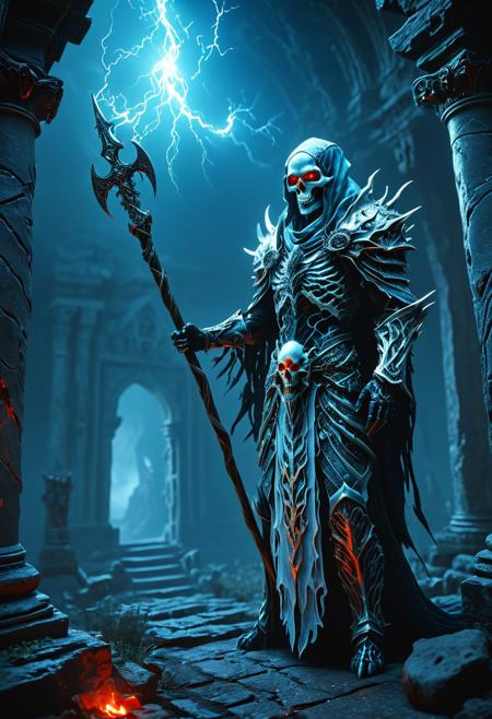 In a game-RPG fantasy setting, a formidable human undead lich, cloaked in white and adorned with spiked armor, menaces with an eldritch staff featuring a skull atop. The character's red eyes glow intensely, while blue lightning crackles around their figure. Set within the eerie ruins of an ancient temple, the atmosphere is both haunting and atmospheric, eliciting a sense of dread and ancient power. The high-definition visuals showcase ultra-detailed, cinematic lighting that further enhances the scene's otherworldly essence.