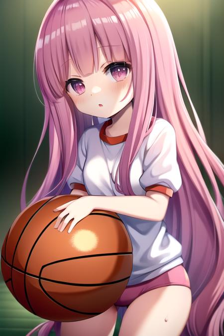 (1girl), masterpiece, best quality, absurdres, cute, extremely detailed face, perfect lighting, <lora:hakamada_hinata:0.8>, hakamada hinata, very long hair, pink hair, gym uniform, basketball,