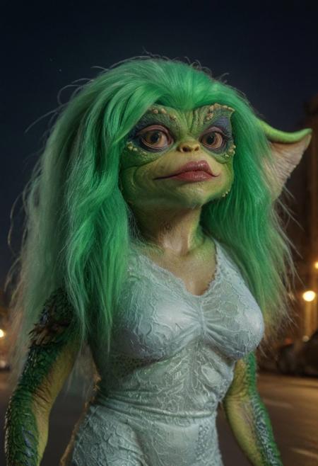 (Xgretax:1.3),gremlin female , smoking, big breasts, long green hair, female sexy clothes,amazing quality, masterpiece, best quality, hyper detailed, ultra detailed, UHD, perfect anatomy, portrait, hyper-realism, majestic, awesome, inspiring, - portrait in night city street ,  cinematic composition, soft shadows, national geographic style,