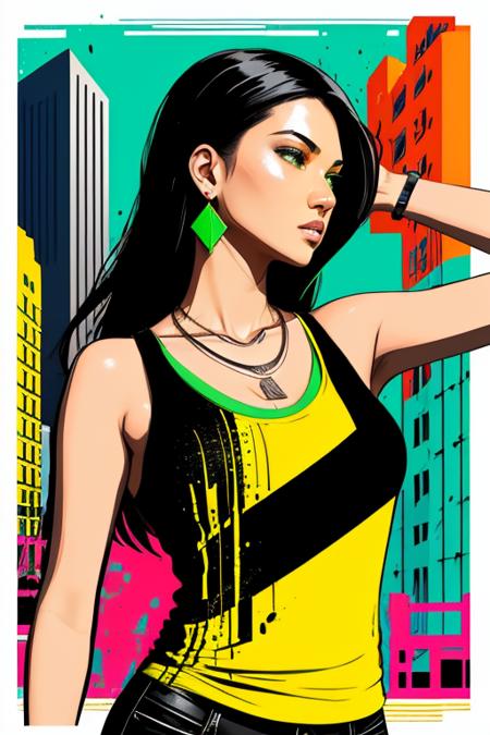 illustration, cover art, minimalist, stylized, pixel shader, high contrast, vibrant, portrait , graffiti, paint splatter, messy, green and yellow highlights, a woman,  juli4_ke11y, tank top, lively, earrings, necklace looking at viewer, quarter profile, close-up, ((outdoor city)) background, fashion