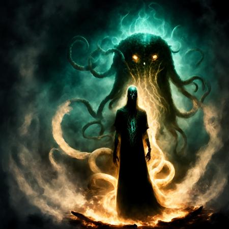 photo, an enslaved member of the Cthulu cult with a shadowy tentacle monster behind him in darkness, surrounded  by energy flames (CthuluCult style:1)  <lora:djzCthuluCult:0.8>