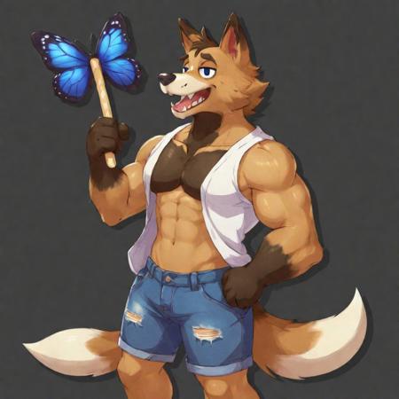 solo, short hair, open mouth, shirt, 1boy, animal crossing  background, animal ears, tail, full body, male focus, thighs, sleeveless, black tank tio, blue jeans, holding a butterfly net, spread legs, uncensored, muscular, pectorals, muscular male, dog ears, bara, furry, dog tail, furry male, brown fur, dog boy