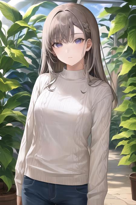 (high quality, high resolution:1.3), 4k, masterpiece, botanic greenhouse, tropical plants, humid air, educational ,  <lora:siki_Style-10:1>, 
BREAK 
1girl, solo, Cerise eyes, Gray hair , Side-swept bangs,   afraid  , sweater ,  standing, looking at viewer, upper body, cowboy shot, <lora:GoodHands-beta2:1.0><lora:GoodHands-beta2:1.0>