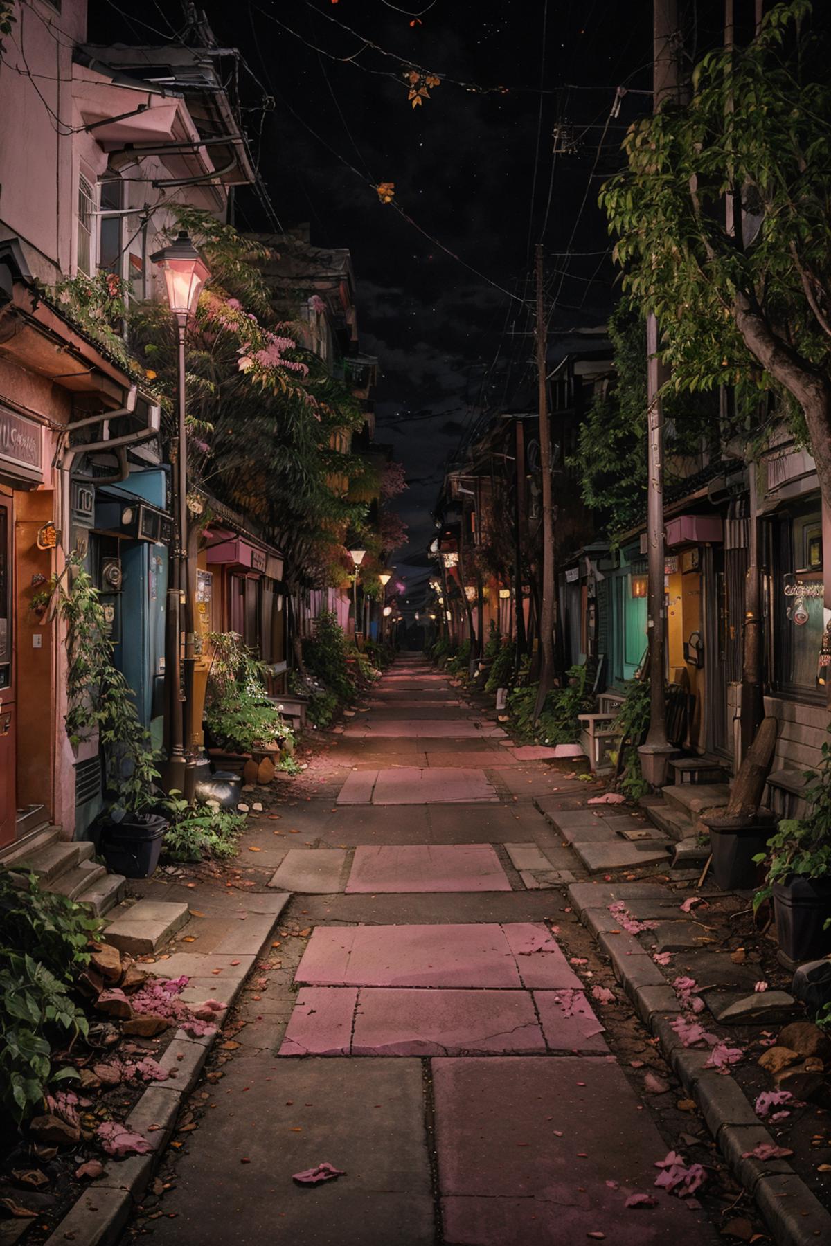 A pink lighted alleyway at night in the city.