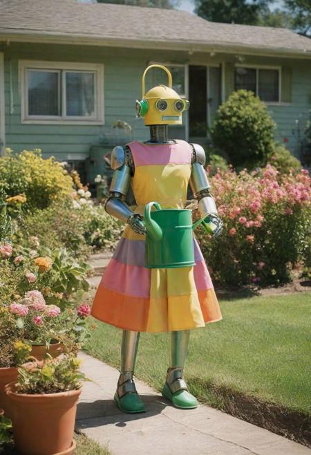[Getty images quality, full-length photograph] , ((square_headed_retrofuturistic_robot) (wearing a rainbow coloured sun dress), (using a green_plastic_watering_can to water flowers), (on a warm afternoon), (in front of a suburban house), [photographed on 35mm film, and colorised with technicolor, (using experimental lenses)],  realisticvision-negative-embedding, epiCRealism, PA7_sdxl-Photo