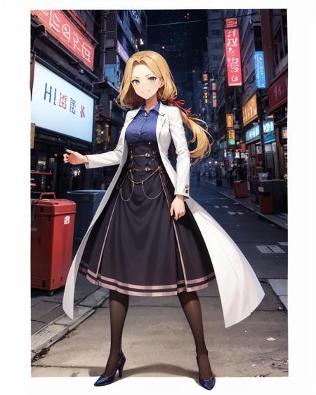 best quality, (masterpiece:1.2), illustration, absurdres,
(1girl), (solo), (beautiful detailed girl), 
<lora:Erika-06:0.9>, Erika Russell, blonde hair, long hair, hair over shoulder, red ribbon in hair, medium breasts,
white labcoat, blue shirt, long black skirt, pantyhose, red high heels,
proud, (angry:0.8), smug, smile,
particles, enchanting, magical, magic,
city street, modern city, neon lights, night, (cyberpunk:0.8),