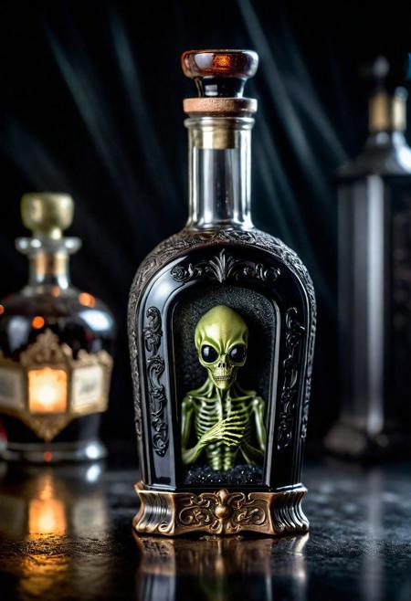 Raw Photorealistic surrealistic very old victorian very expensive collectible dusty  bottle of alcohol with a miniature alien embrion  inside it in dark mystical place, perfect obsidian black glass form,  noir, reflections,  light glares, perspective distortion, ultrasharp and contrast, award winning photo, cinematic composition, high quality, sharp and details, depth of field, bokeh